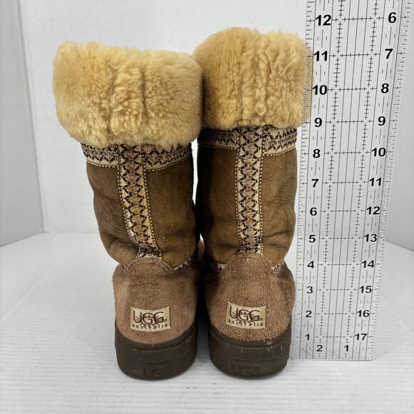 UGG Sundance Boots Size 9 Brown Genuine Leather Pure Wool Lining Fold Over - Picture 9 of 11
